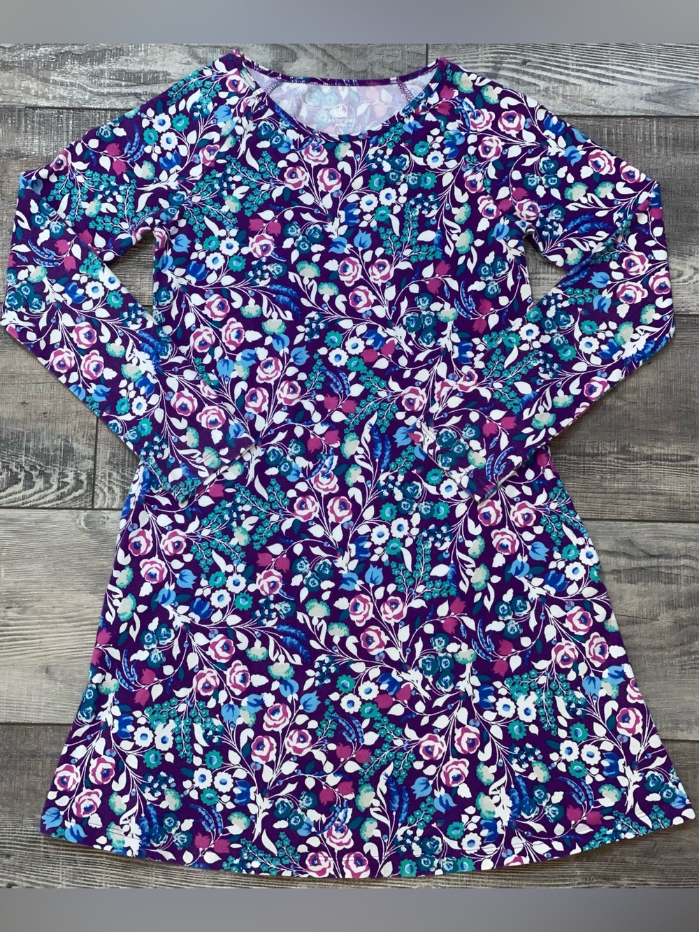 Lands' End Long Sleeve Purple Pink Teal Blue Flower Floral Dress Girl’s Size 7 8